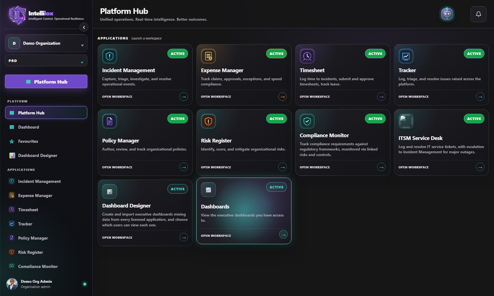 Current Platform Hub showing Demo Organization applications
